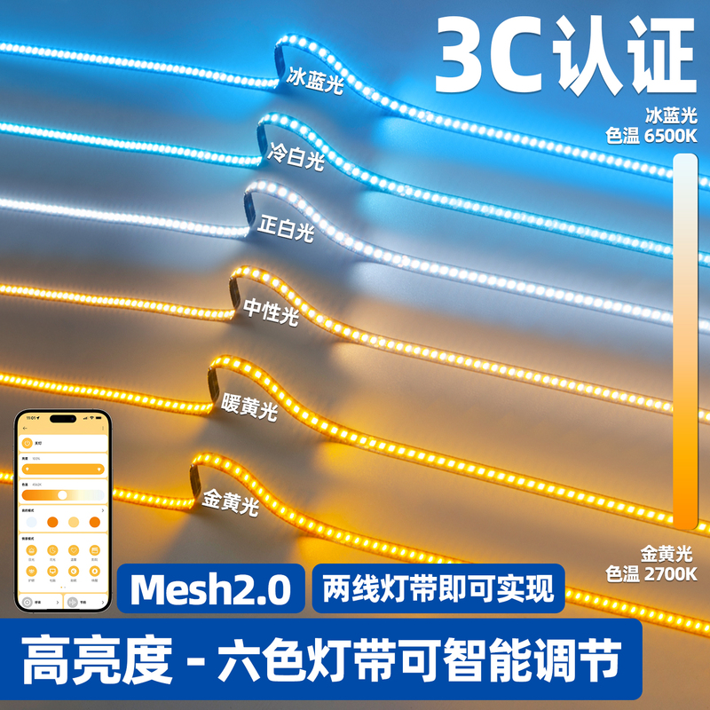 Home Atmosphere Six-Color Cob Light Strip with Stepless Dimming and Color Adjustment, Connected to Mijia App, Linear Light for Living Room and Bedroom