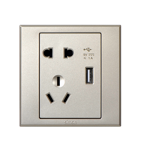 Simon Electric two poles plus two poles with grounding socket plus a USB power supply champagne S3044-E729)