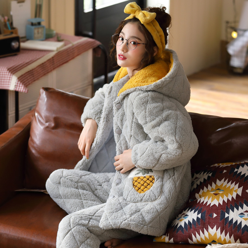 Pajamas Woman Winter Thickened Triple Clip Cotton Super-Thick Cotton Padded Jacket Velvet Flannel Suede Suit Suit 2021 New