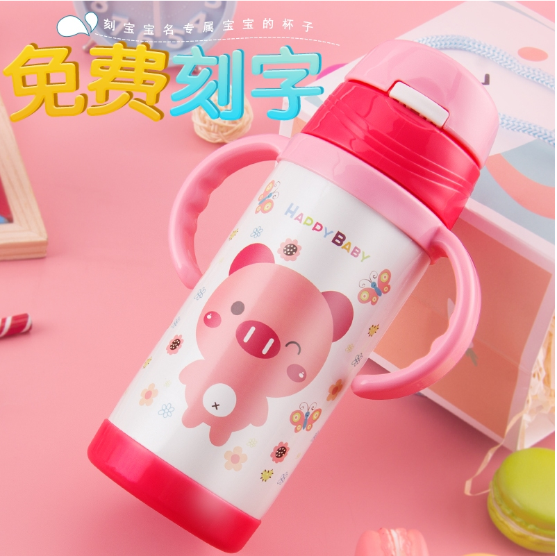 Rich Light Children Insulation Cup With Straw Cup Handle Cartoon Vacuum Stainless Steel Leakproof Students Baby Kettle Accessories