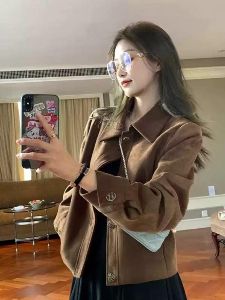  Velvet autumn short thin jacket, loose fit, for teenagers