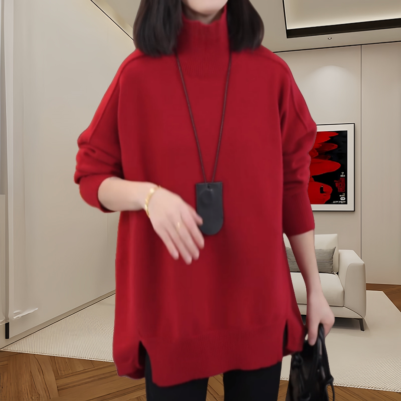 Mid-Length Red Turtleneck Knitwear for Women in Autumn and Winter, High-End, Elegant, Casual Sweater, Fashionable Loose Slit Top
