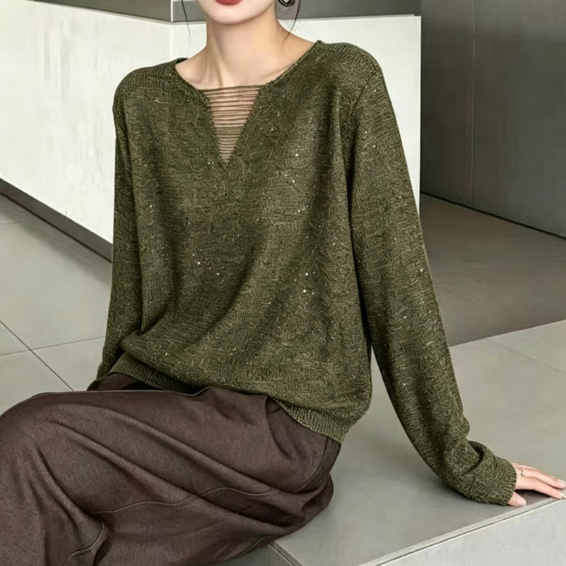 Variegated Floral Yarn V-Neck Knit Top for Women, Mesh Patchwork Long-Sleeve Thin Loose-Fitting Korean Style Early Autumn Pullover Top
