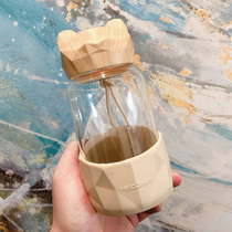 Korean cute wood grain cover glass girl heart ins Wind portable heat-resistant water Cup male student hipster Cup