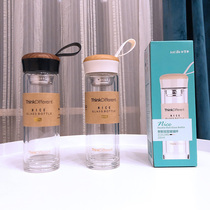 Wood grain cover glass double insulation anti-scalding heat-resistant water Cup childrens simple transparent creative portable tea filter