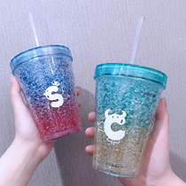 Straw water cup creative personality trend broken ice Cup female students summer portable Hipster Plastic double layer