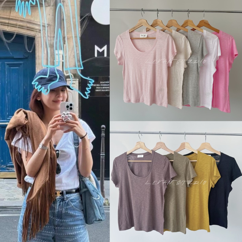 American Vintage U-Neck Ultra-Thin Short-Sleeve T-Shirt Modal Slub Cotton Celebrity Style Jackson