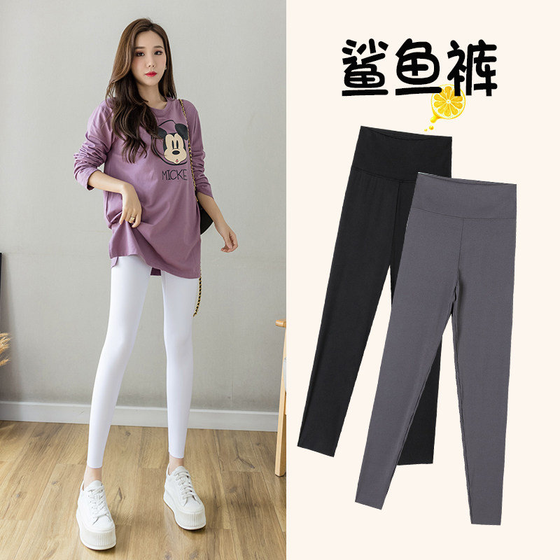 Shark skin leggings women wear spring and autumn high waist waist tight hips tight size white yoga riding Barbie pants