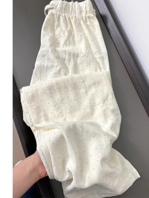 Fat Sister Extra Large Size 1.0-150kg White Wide Leg Pants Summer Small Drawstring Casual Ripped Hot Diamond Pants