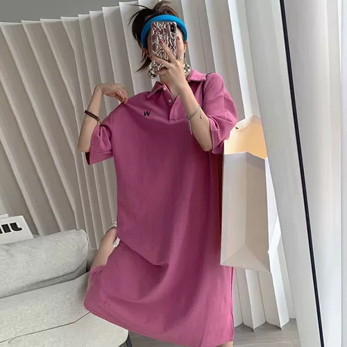 Очень большая зеленая цветная длинная футболка, платье для отдыха, длинная юбка, большой размер, воротник поло, короткий рукав