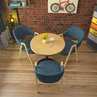 1 круглый стол с деревянным цветом + 3 темно -синие стулья для ткани [№ 9]