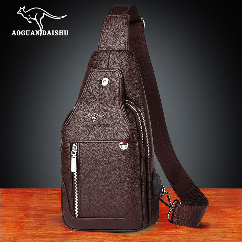 Men's Crossbody Bag, Shoulder Bag, Casual Small Two-Layer Cowhide Multifunctional Backpack, Korean Style Soft Leather Shoulder Bag, Chest Bag, Men's Bag