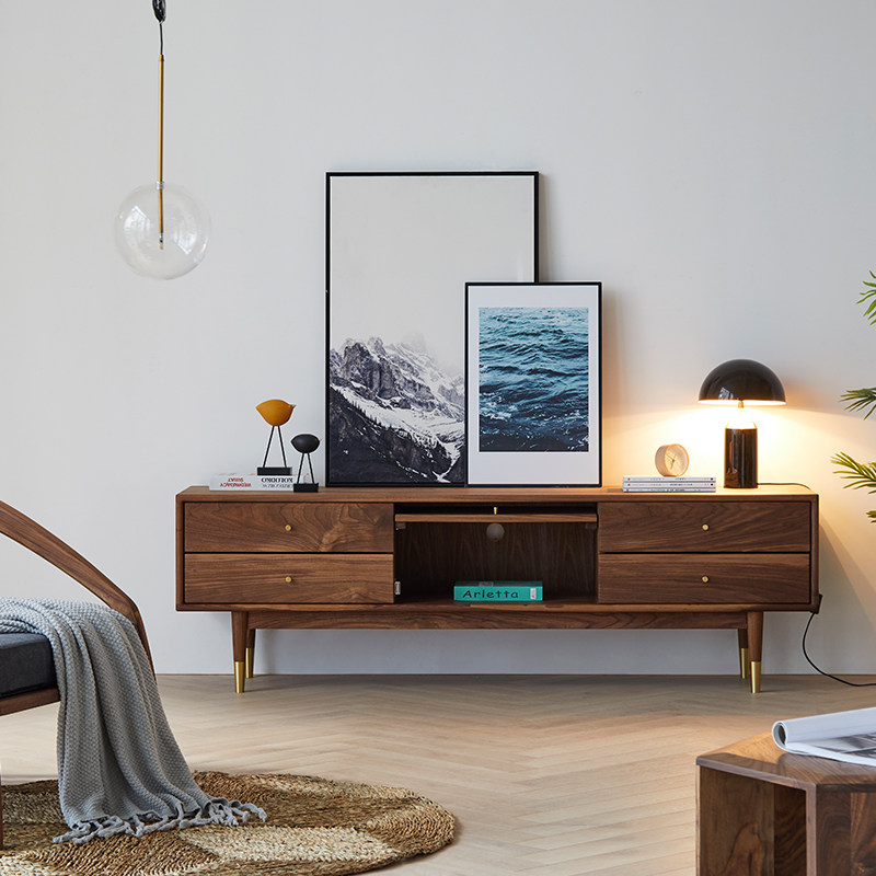Nordic black walnut TV cabinet modern minimalist living room side cabinet small apartment Japanese-style solid wood projection drawer storage
