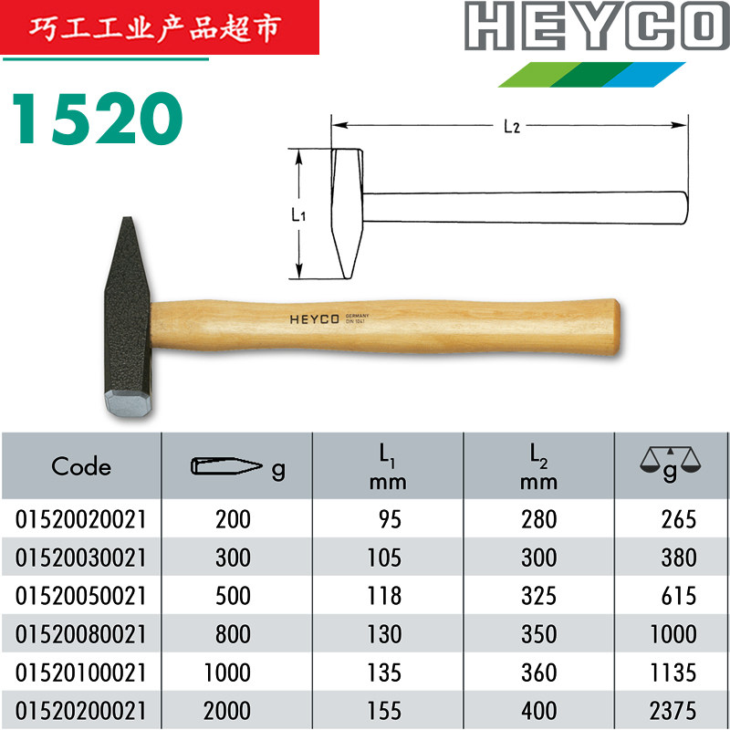 HEYCO TOOLS Germany imported walnut hammer handle installation fitter hammer 1520 series masonry hammer hammer