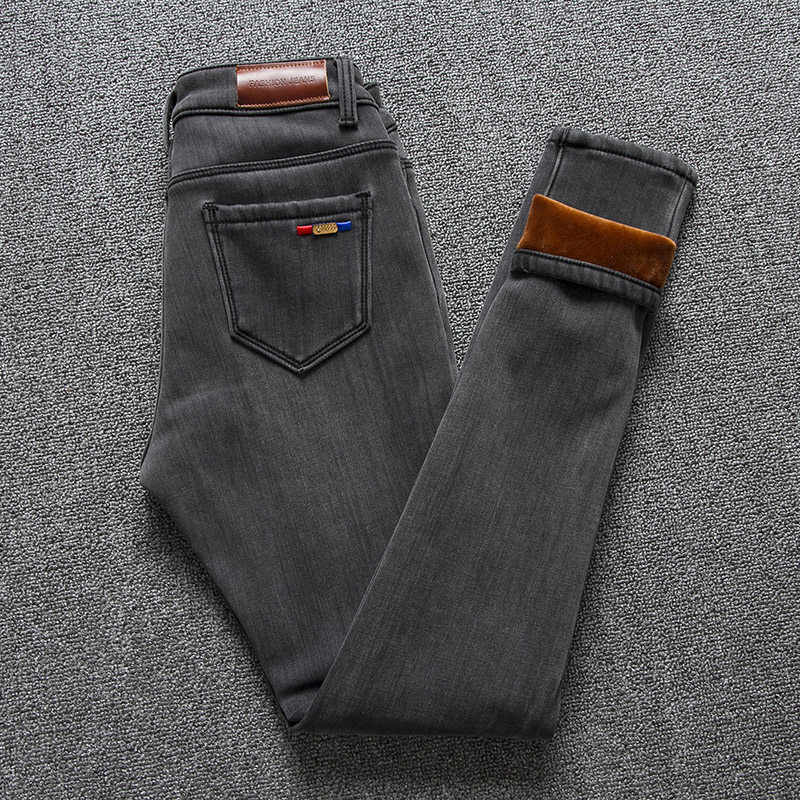 Smoke gray jeans women's velvet high waist slim trousers 2020 autumn and winter new Korean version of elastic thickened pencil pants