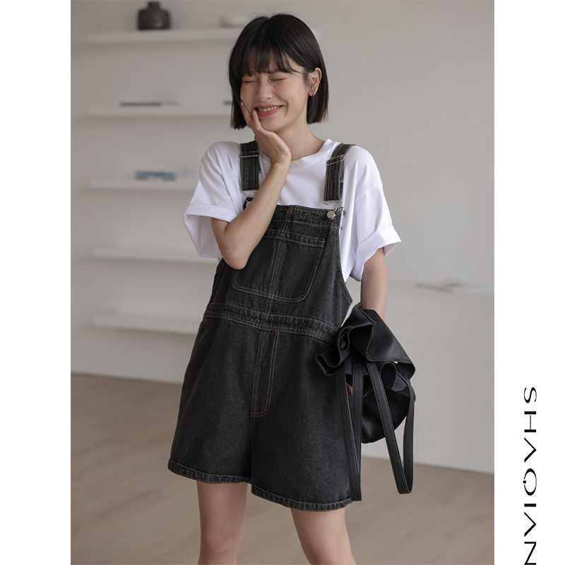2022 new retro black net red denim baby bag pants women's wide-leg shorts summer loose thin jumpsuit tide