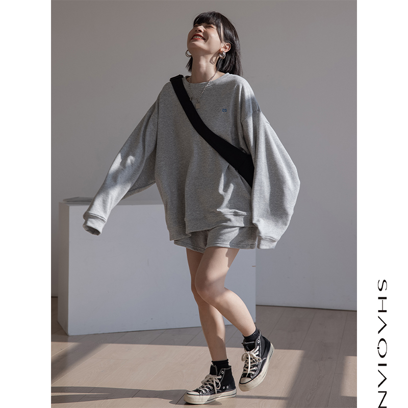 Spring Thin style casual grey thick cotton T suit woman spring autumn loose round collar cover with no cap and clothing shorts two-piece set