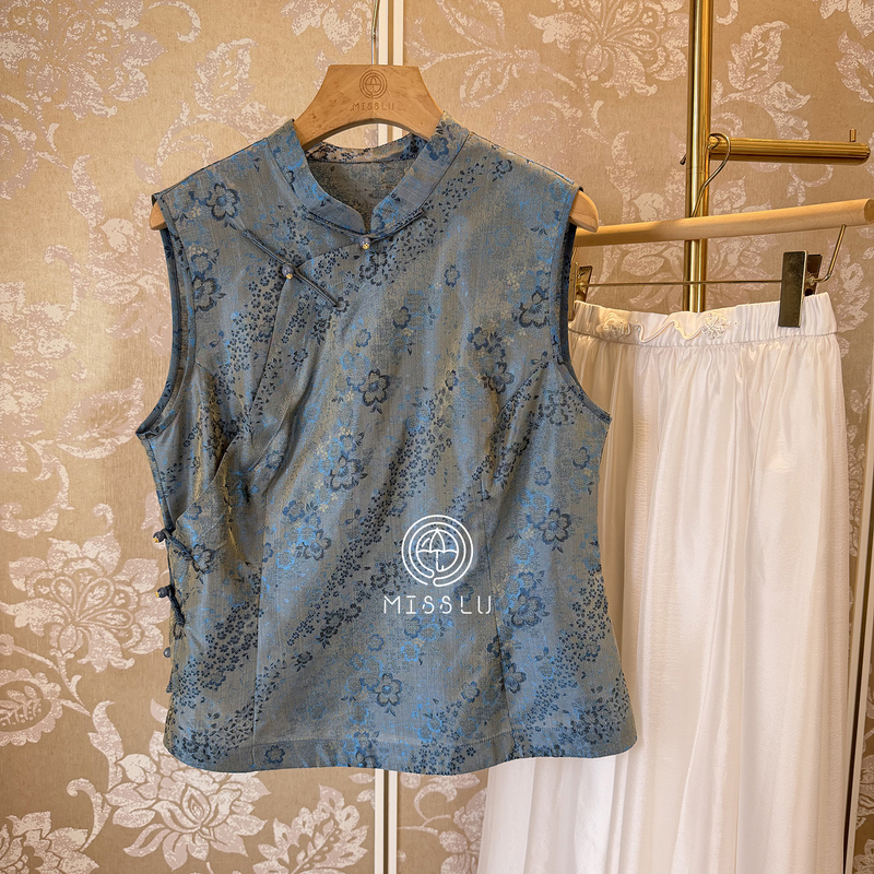 New Chinese Style Stand-Up Collar Buttoned Mulberry Silk Vest, Jacquard Printed Sleeveless Shirt, 2026 Summer Top