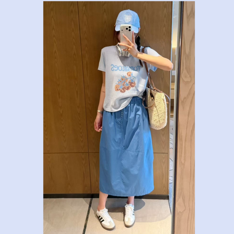 [Dafu]-Evening Breeze at the Alley Entrance Vacation Style High-Waisted Breathable Skirt for Women, Lazy and Casual Mid-Length Skirt