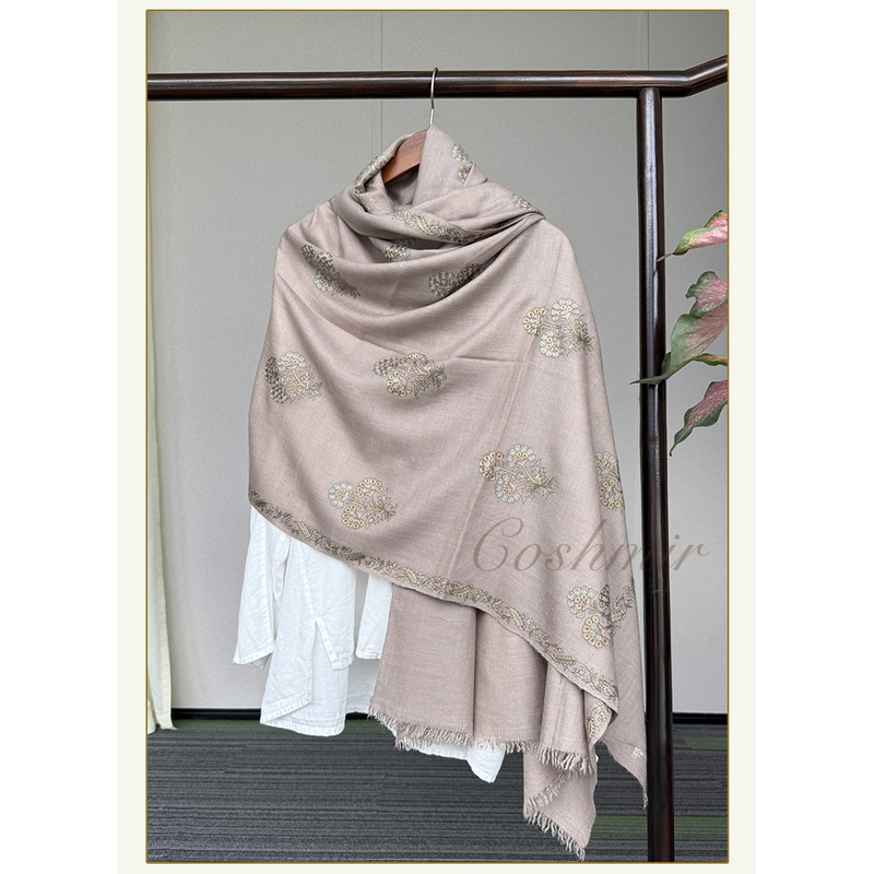 【Coshmir】Light Milk Tea Color Kk Hand-Spun Silk Embellished Embroidery - Kashmir Handmade Cashmere Scarf Shawl