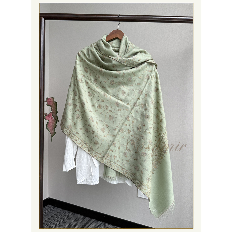 【Coshmir】Light Tea Green Hand-Spun Silk Vine Embroidery - Kashmiri Handmade Cashmere Scarf Shawl