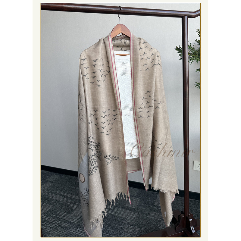 【Coshmir】Milk Tea Color Ink Painting Kani-Kashmir Handmade Cashmere Scarf Shawl