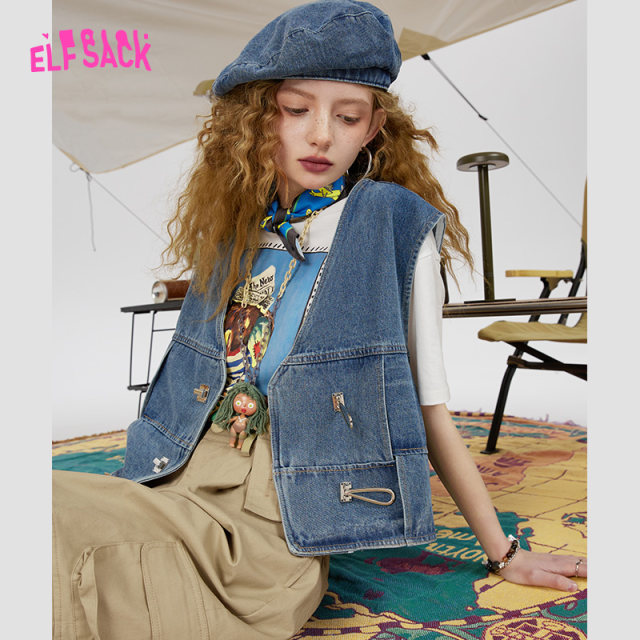 ກະເປົ໋າ Fairy's Short V-neck Denim Vest Women's 2024 Spring New Design Small Vest for Small People