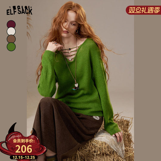 妖精的口袋v领慵懒风圣诞毛衣女25秋冬新款宽松显瘦高级感绵羊毛