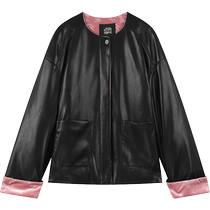 Fairys Pocket Splicing Black Leather Cotton Jacket Womens 2024 Winter New Contrast Color New Chinese Style Cotton Jacket