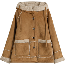 Fairys Pocket Brown Suede Reversible Cotton Jacket Womens 2024 Autumn and Winter New Style Hooded Jacket Small Cotton Jacket