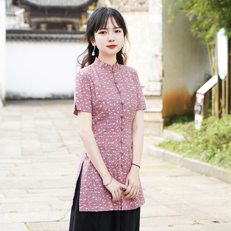 Junya Tang Costume Woman China Wind Improvement Qipao Blouse Blouse Summer Short Sleeve Repaired with Thin Tea Suit Chinese Zen women's dress