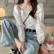 Bubble sleeve square collar white long sleeve shirt female design sense niche shirt autumn 2021 new short shirt
