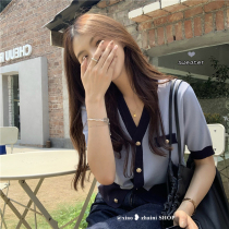 Retro v collar short sleeves knit cardigan summer 2022 new design feeling small crowdsourced short blouses
