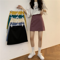Basic solid color versatile skirt womens summer 2021 Korean version of anti-light retro high waist a skirt tide