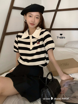 Retro polo collar striped short sleeve t-shirt woman 2022 new Summer Korean version Design senses small crowd loot blouses