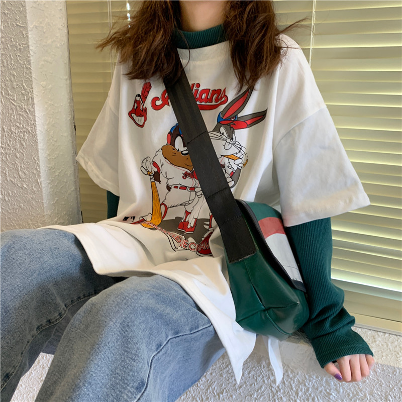 Fake two printed long sleeves T-shirt female hit undershirt Spring autumn 2021 New loose casual outwear with blouses