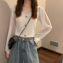Knit Splicing White Shirt Woman Design Sensation Small Crowblouse Spring 2022 New Female Han Version 100 Hitch Lining Tide
