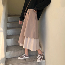 New Korean version of long skirt women autumn retro stitching Japanese irregular A- shaped long skirt student skirt