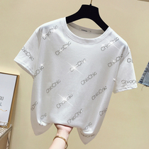 Tide brand short-sleeved t-shirt womens 2021 summer new Korean fashion hot diamond letters net red round neck wild top