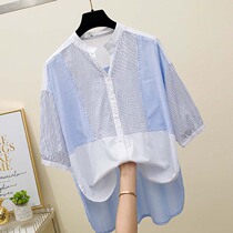 Boomer Womens Slim Fit Shirt Woman 2022 Summer New Set Head Big Code Loose Slim Striped Splicing Blouse