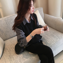 Shirt womens design sense niche 2021 new spring retro port wind small sweater vest two-piece suit