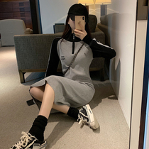 Knitted dress womens 2021 new spring and autumn retro temperament medium-length base dress slim-fit knee-high waist long dress