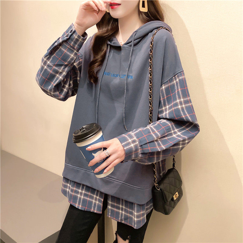 Even cap sports shirt woman 2022 spring dress new fake two pieces in long version loose Korean version splicing plaid with cap jacket tide