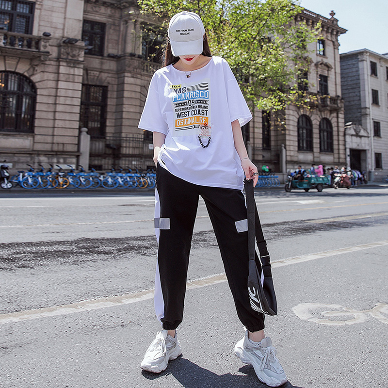 2020 mới mùa hè thể thao thời trang Loose Hip Hop Phong cách áo thun hai mảnh bộ Ghost Walk ăn mặc Set nữ