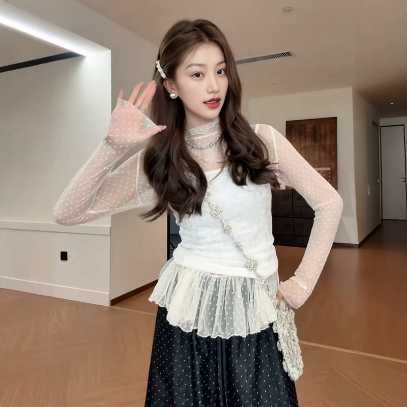 High-Neck Polka-Dot Lace Base Shirt for Women, Early Autumn Layering Sweater, Thin Sheer Blouse with Ruffled Edges High-Neck Polka-Dot Lace Base Shirt for Women, Early Autumn Layering Sweater, Thin Sheer Blouse with Ruffled Edges
