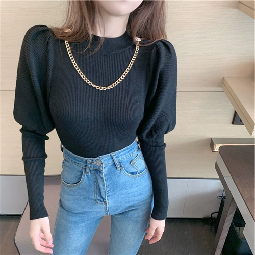 Половина водолазки уникальный топ для женщин Ранний весна стиль уникальный дизайн нишевые рукава внутренняя вязаная базовая рубашка