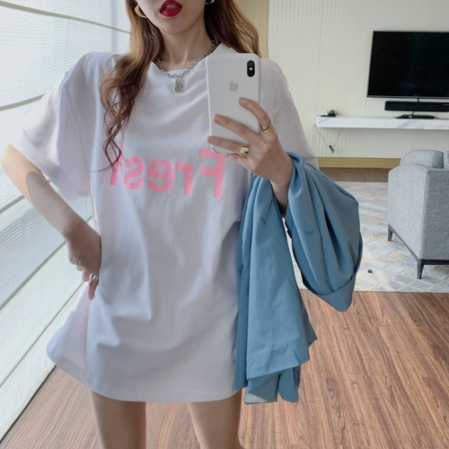 Летняя длинная хлопковая футболка с коротким рукавом, короткий рукав, средней длины