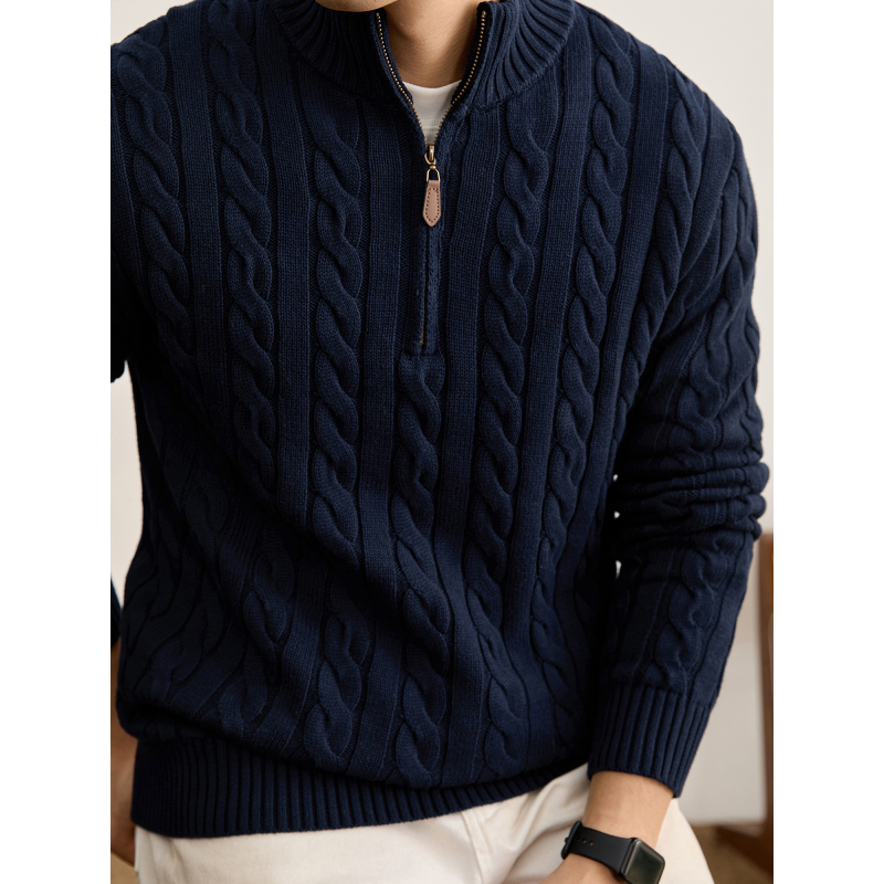 Luud Charming Blue 100% Pure Cotton Ribbed Stand-Up Collar Sweater Winter Knitted Cable Texture Half-Zip Long-Sleeve Men's