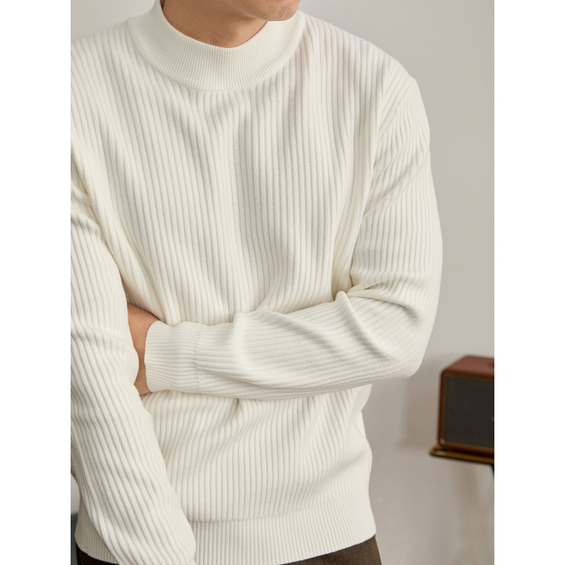 Luud Winter Men's Half-High Collar Vertical Ribbed Textured Knit Sweater White Simple and Elegant Base Layer Shirt