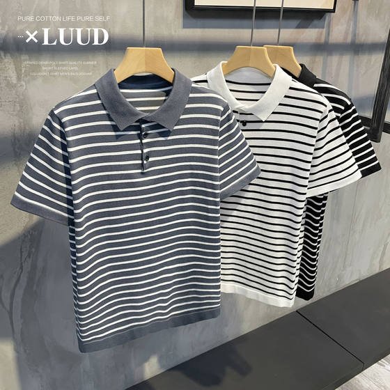 LUUD retro trend black and white striped short-sleeved slim breathable casual top summer men's knitted polo shirt